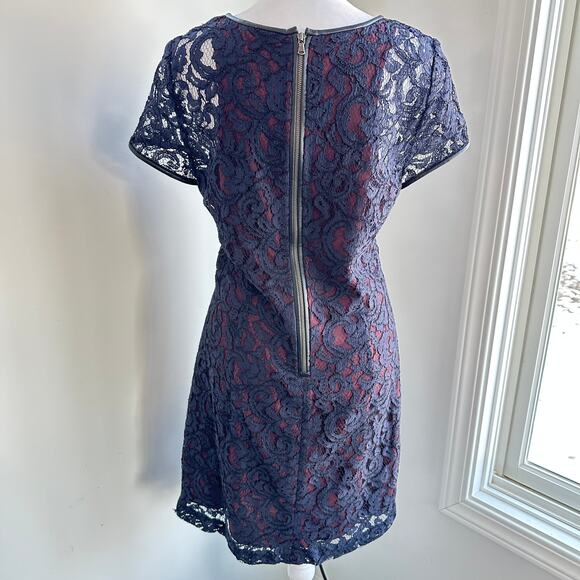 Club Monaco Navy Blue Lace Leather Trim Knee Length Layered Dress Size 6 - Picture 5 of 7